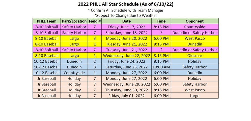 PHLL All Star Team Schedule